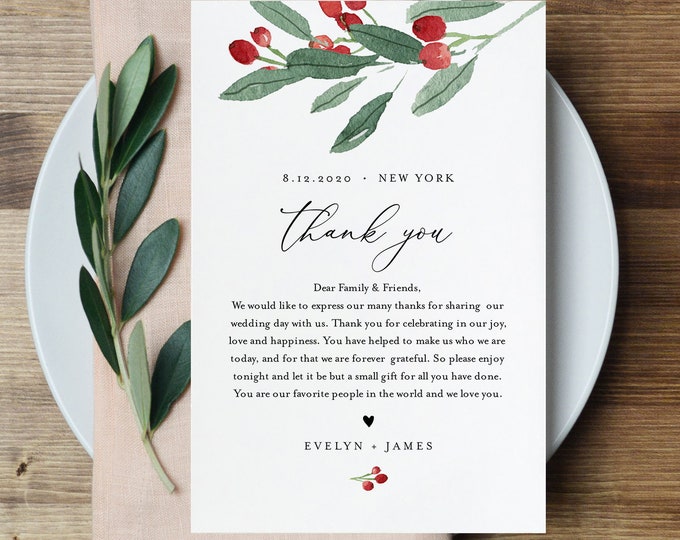 Holly Thank You Letter, Napkin Note, Printable Winter Wedding Menu Thank You, Editable Template, INSTANT DOWNLOAD, Templett, 4x6 #071-120TYN