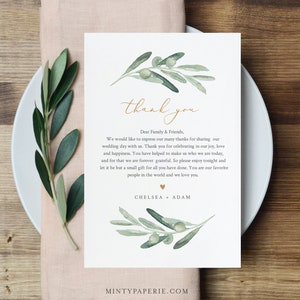 Carta de agradecimiento de verde oliva, nota de servilleta, menú de boda imprimible gracias, plantilla editable, descarga instantánea, Templett #081-144TYN