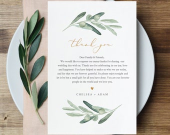 Olive Greenery Thank You Letter, Napkin Note, Printable Wedding Menu Thank You, Editable Template, Instant Download, Templett #081-144TYN