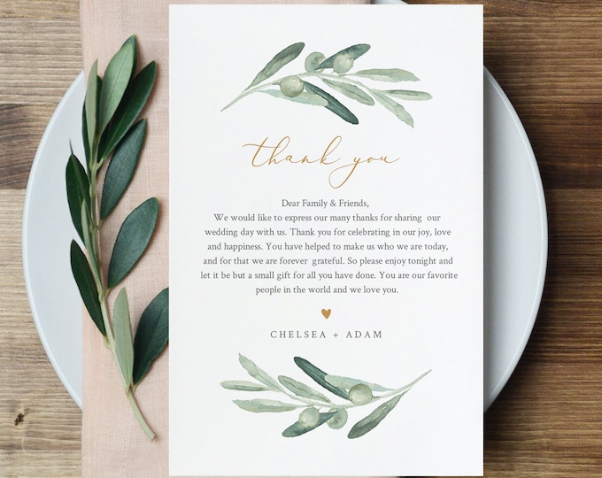 Olive Greenery Thank You Letter, Napkin Note, Printable Wedding Menu Thank You, Editable Template, Instant Download, Templett #081-144TYN