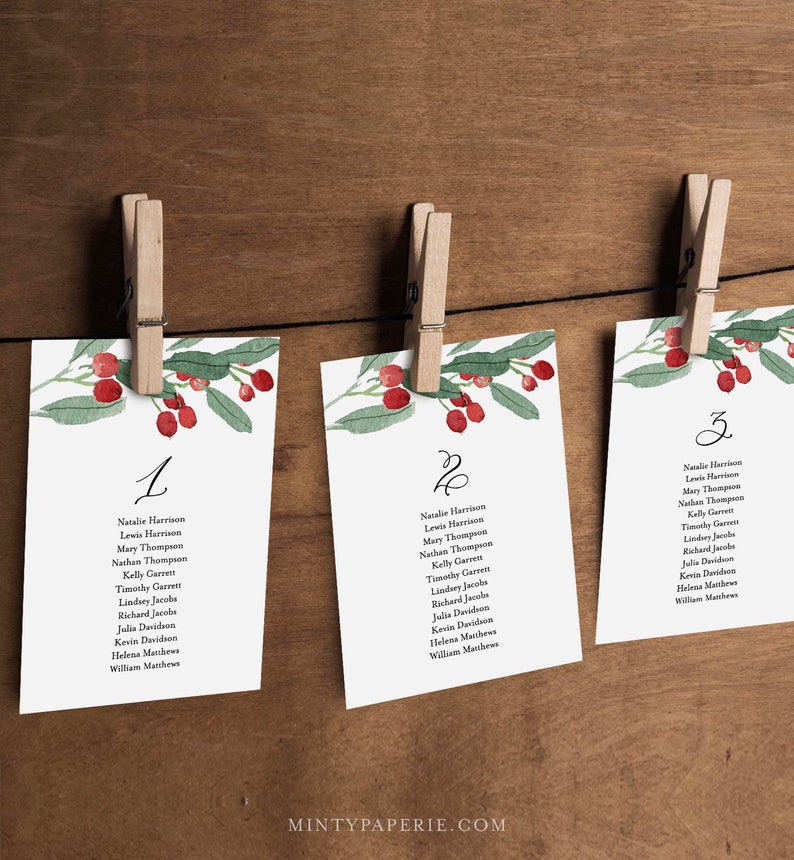 Christmas Holly Seating Cards Winter Wedding Seating Chart Template Printable Instant Download Templett #071-115SP 100/% Editable Text