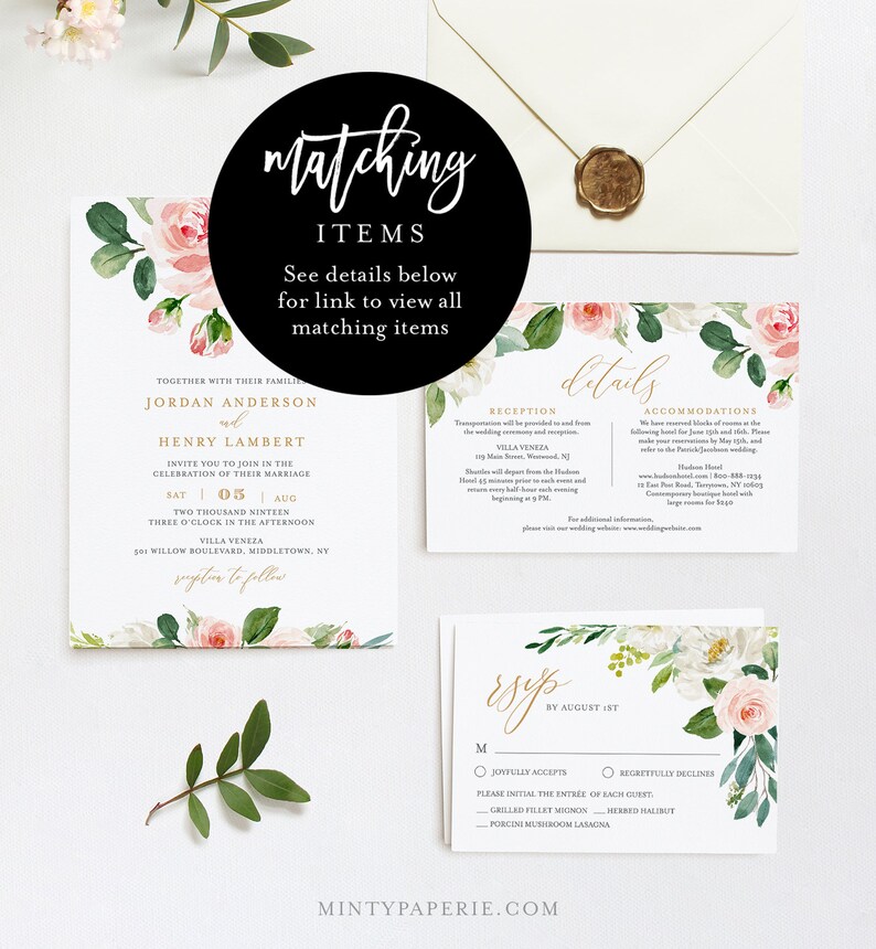 Boho Wedding Invitation Suite Greenery and Gold Blush Florals INSTANT DOWNLOAD Editable Text Wedding Monogram Templett DIY #043C