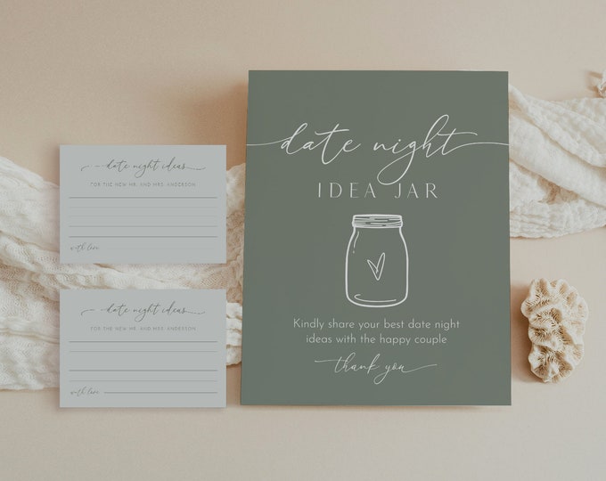 Date Night Ideas, Date Jar, Sage Green, Advice & Wishes Sign and Card, Bridal Shower Game, Instant, Templett, 8x10 Sign, 3.5x5 #029-121AC