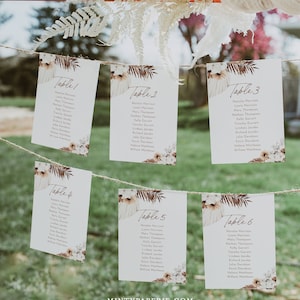 Boho Sitzplatzkarten Vorlage, Pampas Hochzeit Sitzordnung, hängende Karten, 100% bearbeitbarer Text, Sofort Download, Templett #0028A-149SP