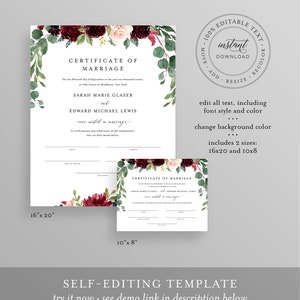 Certificate of Marriage, Wedding Keepsake, Editable Text, Boho Burgundy Floral Wedding Certificate, Instant Download, 8x10, 16x20 062-101MC image 3