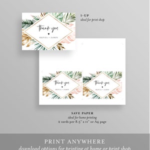 May include: Two printable thank you cards with a tropical theme. The cards feature a gold and green diamond frame with tropical leaves and the text "Thank you" with the names Olivia and Jason.