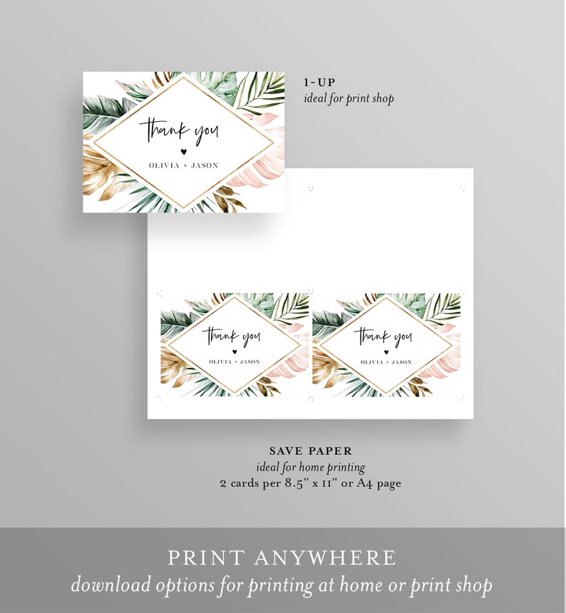 May include: Two printable thank you cards with a tropical theme. The cards feature a gold and green diamond frame with tropical leaves and the text "Thank you" with the names Olivia and Jason.