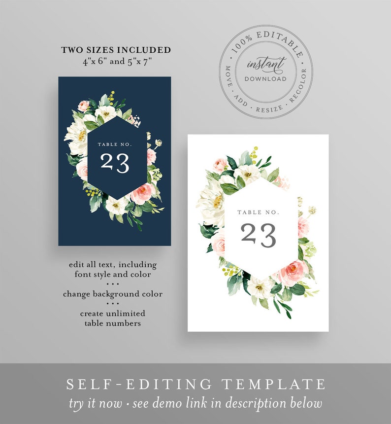 May include: Two editable table number cards with a floral design. The cards are 4x6 inches and 5x7 inches. The text on the cards says "Table No. 23".