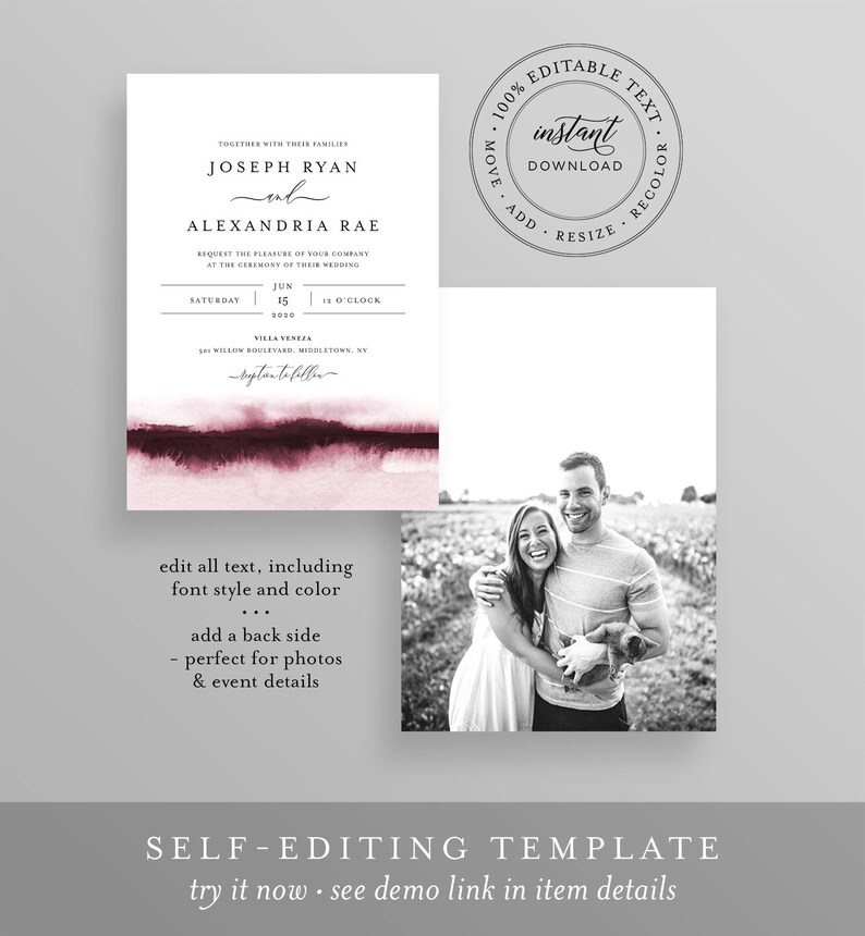 Burgundy Watercolor Wedding Invitation Set, Wine, Vineyard Theme, Modern, Minimalist, Editable Template, Instant Download, Templett 093B image 4