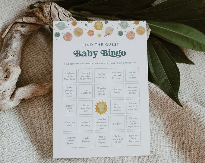 Space Baby Bingo Game, Find the Guest, Icebreaker, Printable Planets Baby Shower Game, Instant Download, Editable, Templett #0052A-31BAG