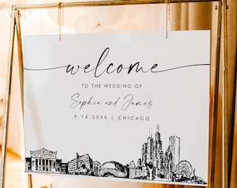 Chicago Welcome Sign, Chicago City Skyline Wedding Sign, Printable Instant Download, Editable Template, Templett, 18x24, 24x36 #0047-353LS
