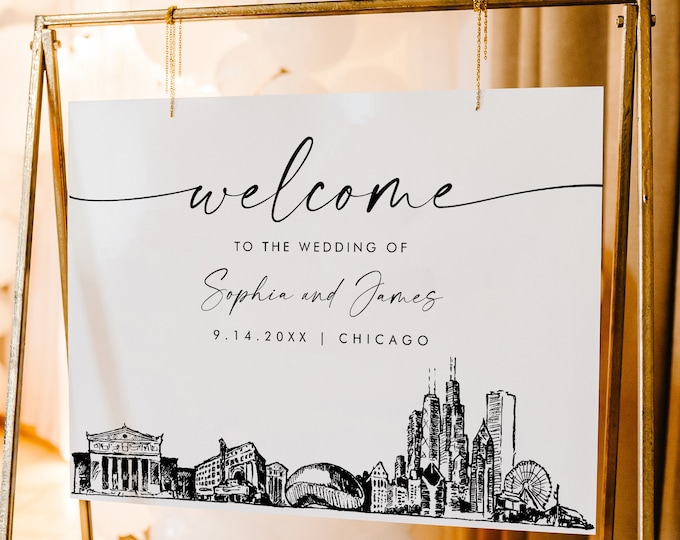 Chicago Welcome Sign, Chicago City Skyline Wedding Sign, Printable Instant Download, Editable Template, Templett, 18x24, 24x36 #0047-353LS