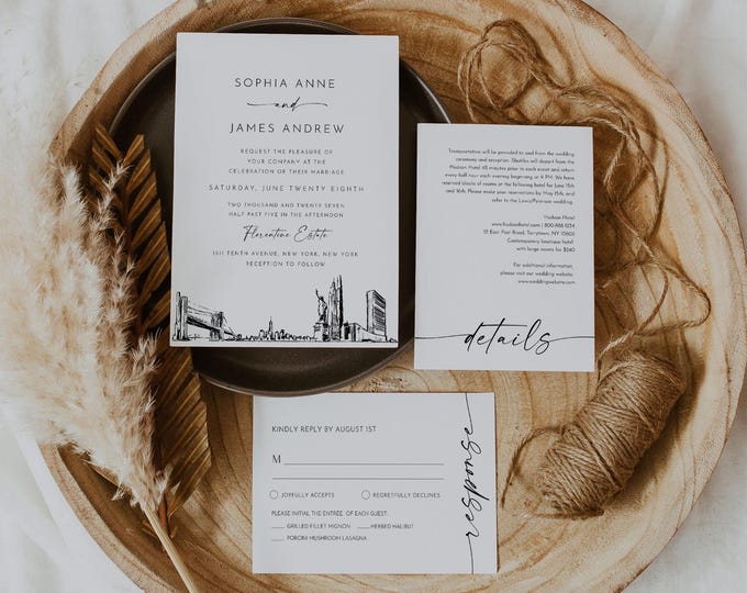 New York City Wedding Invitation Set, NYC Skyline, Photo Card, Editable Template, Includes Invite, RSVP, Details, Templett #0047