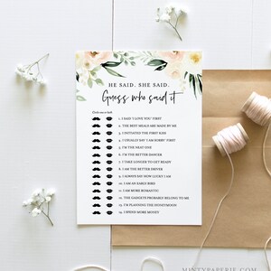 May include: A printable game card with a floral design and the text "He said, She said. Guess who said it." The game features 14 questions about a couple's relationship, with options for "He", "She", or "Both".