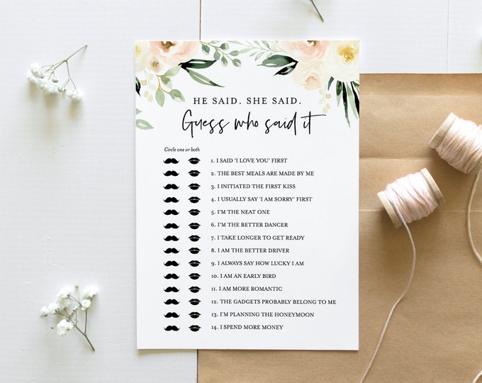 He Said She Said, Guess Who Said It Wedding Shower DIY Game, Editable Bridal Shower Game, INSTANT DOWNLOAD, Personalize Questions #076-179BG