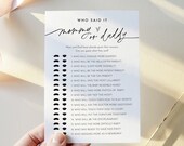 Who Said It, Mommy or Daddy Game, Minimalist Baby Shower, Gender Neutral, Editable Template, Instant Download, Templett, 5x7 #0032-28BAG