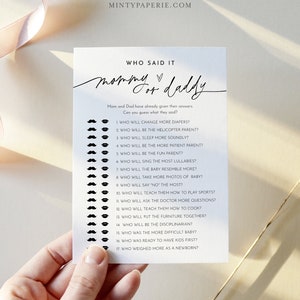 Who Said It, Mommy or Daddy Game, Minimalist Baby Shower, Gender Neutral, Editable Template, Instant Download, Templett, 5x7 #0032-28BAG