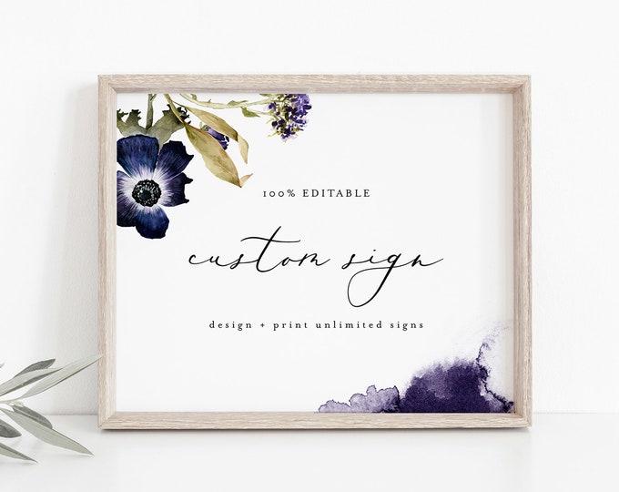Anemone Custom Sign Template, Blue / Purple Floral Wedding, Bridal Shower Sign, Create Any Sign, INSTANT DOWNLOAD, Templett #0014-176CS