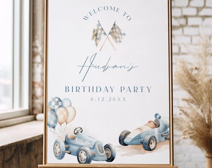 Race Car Birthday Welcome Sign, Vintage Race Car, Raceway, Little Racer, Editable Template, Instant Download, 18x24, 24x36 #0068-367LS
