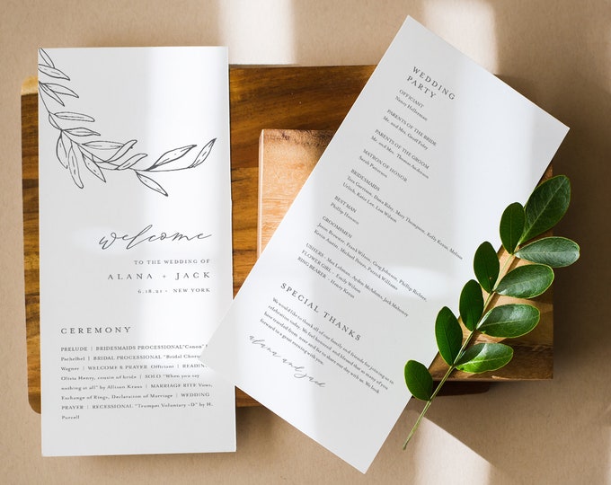 Laurel Wedding Program Template, Instant Download, Minimalist Simple Wedding Order of Service, 100% Editable, Templett #0006B-248WP