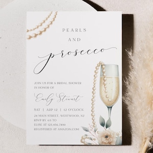 Pearls and Prosecco Bridal Shower Invitation, Brunch and Bubbly, Champagne Wedding Shower Invite, Editable Template #0065-362BS