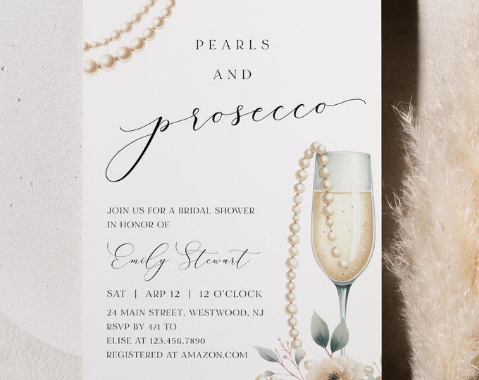 Pearls and Prosecco Bridal Shower Invitation, Brunch and Bubbly, Champagne Wedding Shower Invite, Editable Template #0065-362BS