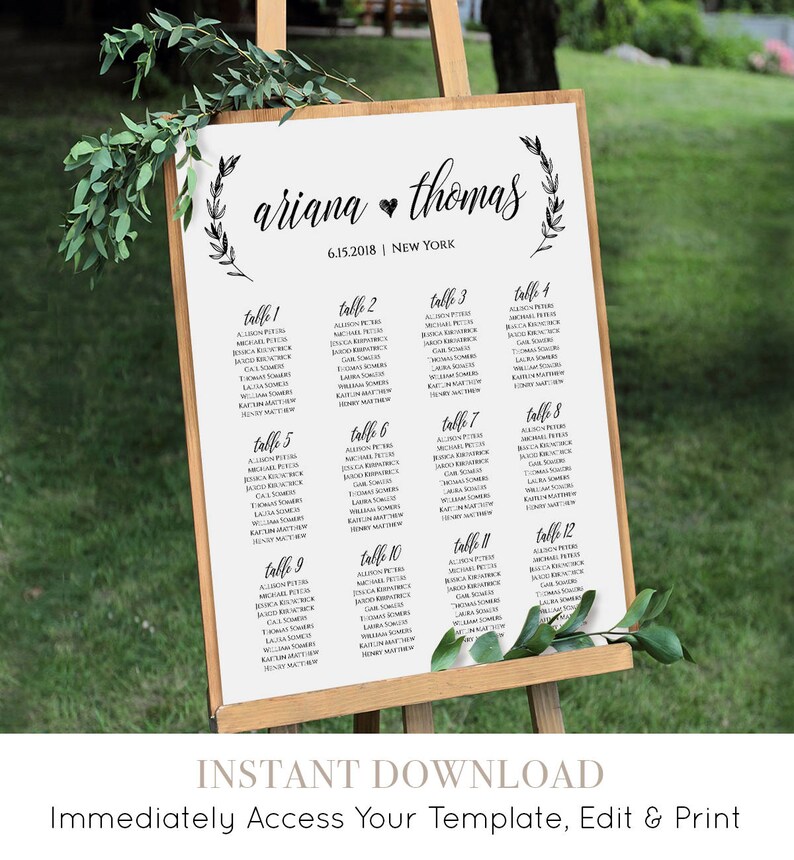 Wedding Seating Chart, Printable Seating Plan Poster, Table Assignment, Editable Template, Modern Calligraphy, Instant Download 023-207SC image 1