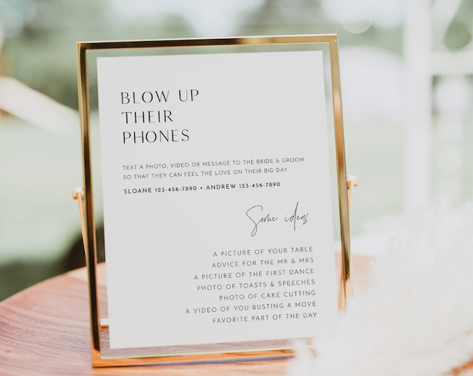 Blow Up Their Phones Sign, Take Action, I Spy Wedding Game,  Editable Template, Minimalist, Instant Download, Templett, 8x10 #0026B-62S