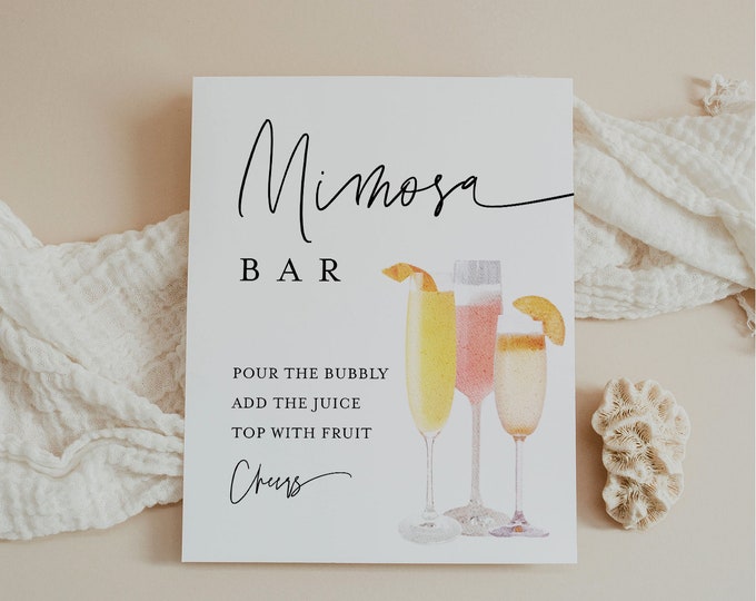 Mimosa Bar Sign & Tag, Bridal Shower Mimosa Sign, Wedding Mimosa Bar, Bubbly Bar, Editable Template, Instant Download, Templett #0009-93S