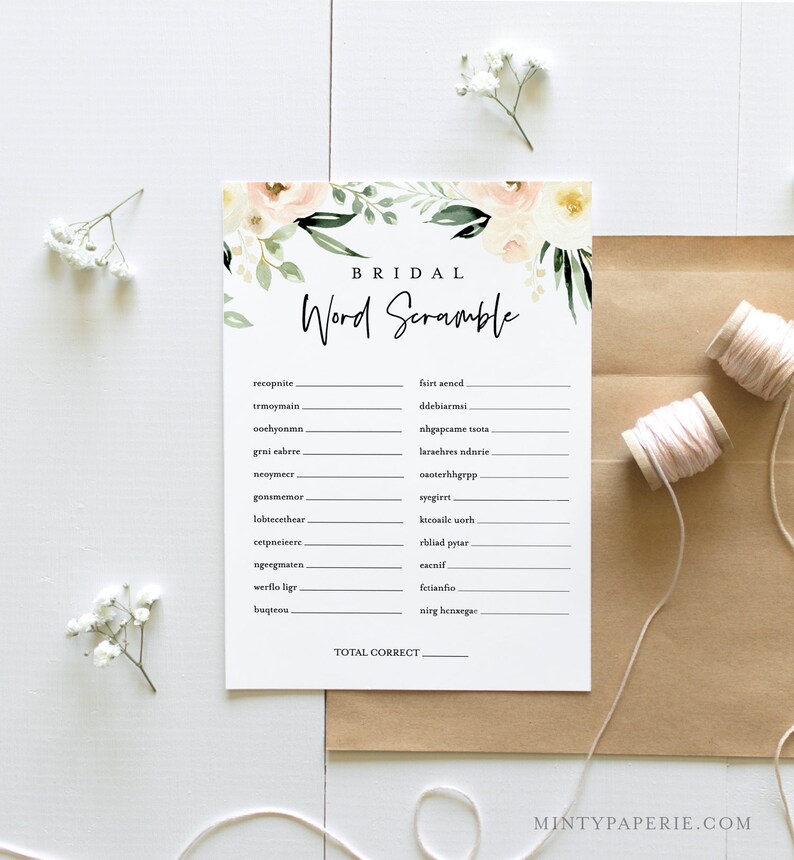 May include: A printable bridal word scramble game with a floral design. The game features a list of words to unscramble, with a space for the answer next to each word. The game also includes a space to write the total number of correct answers.