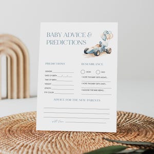Carte Souhaits pour bébé, conseils et prédictions pour bébé, baby shower de garçon de voiture de course vintage, modèle modifiable, Templett, 5 x 7 #0068-29BAG