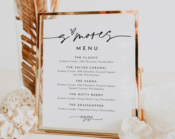 S'mores Menu, Printable Smores Bar Sign, Minimalist Wedding S'mores Station, 100% Editable Template, Instant Download, Templett #0032-70S