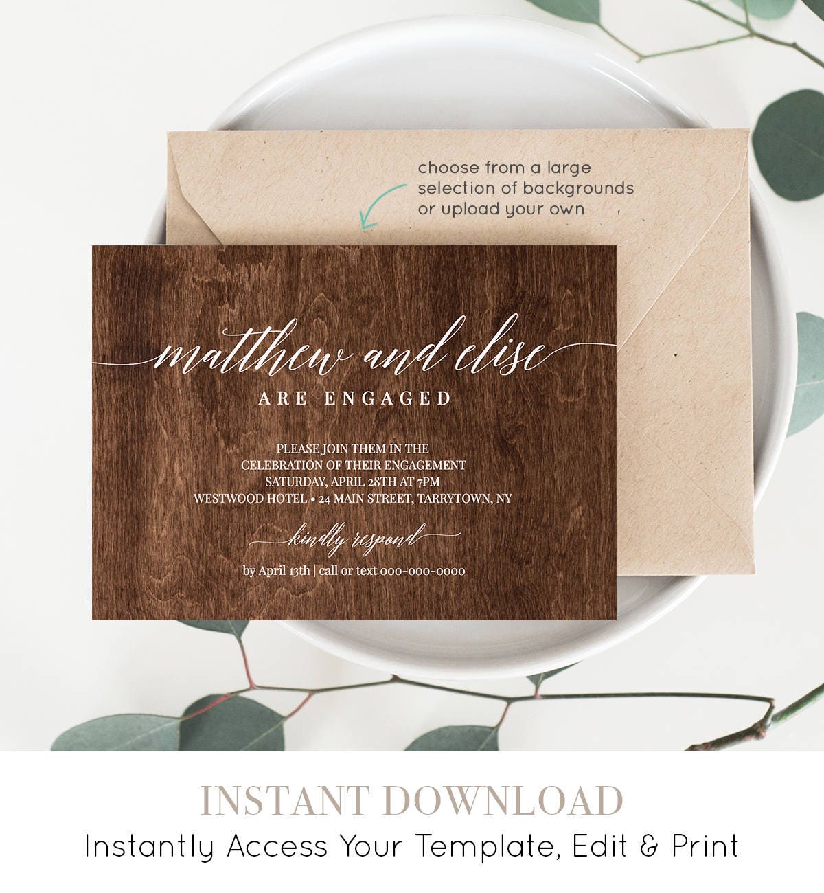 Engagement Party Invitation Tempate, Engaged Announcement Card, DIY