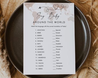 Adventure Say Baby Around the World, Travel Theme Baby Shower Game, World Map, Language, Editable Template, Instant, Templett #0039-06BAG