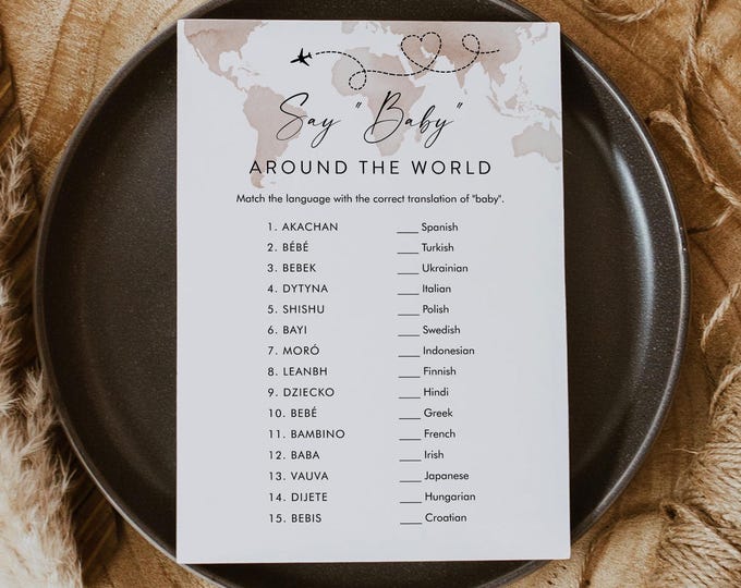 Adventure Say Baby Around the World, Travel Theme Baby Shower Game, World Map, Language, Editable Template, Instant, Templett #0039-06BAG