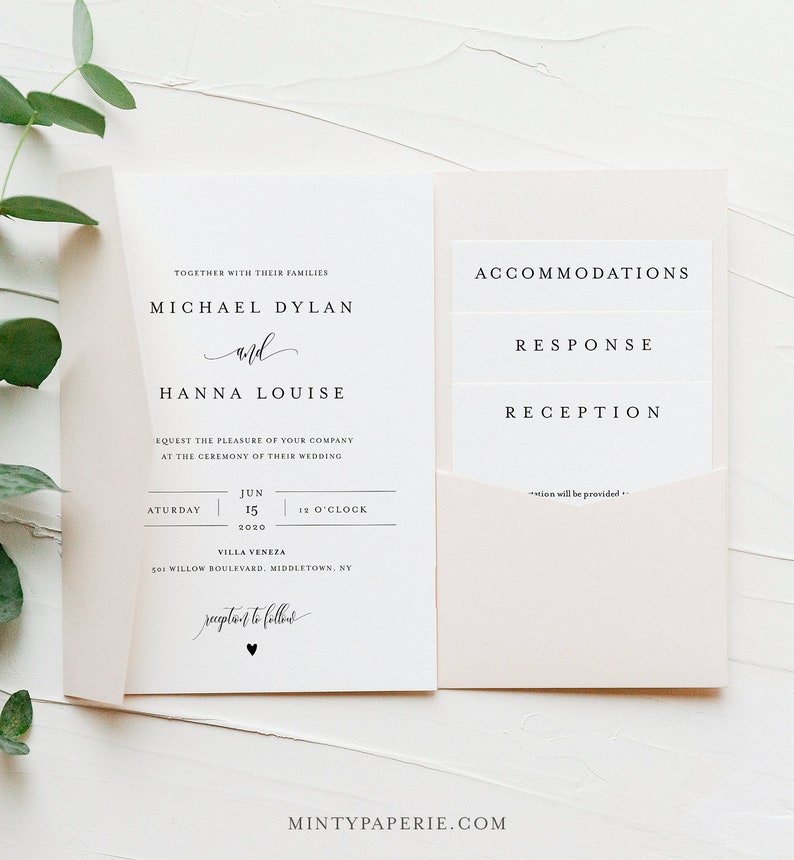 Minimalist Pocket Wedding Invitation Set, Modern Elegant Invite & Enclosure Cards, Instant Download, 100% Editable Template, Templett #008PF 