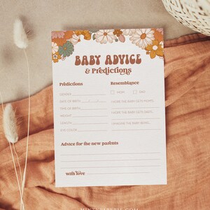 Prédictions de bébé et carte de conseils, jeu de douche de bébé Groovy rétro imprimable, modifiable, conseils de bébé bricolage, téléchargement immédiat, Templett #050-322BASG
