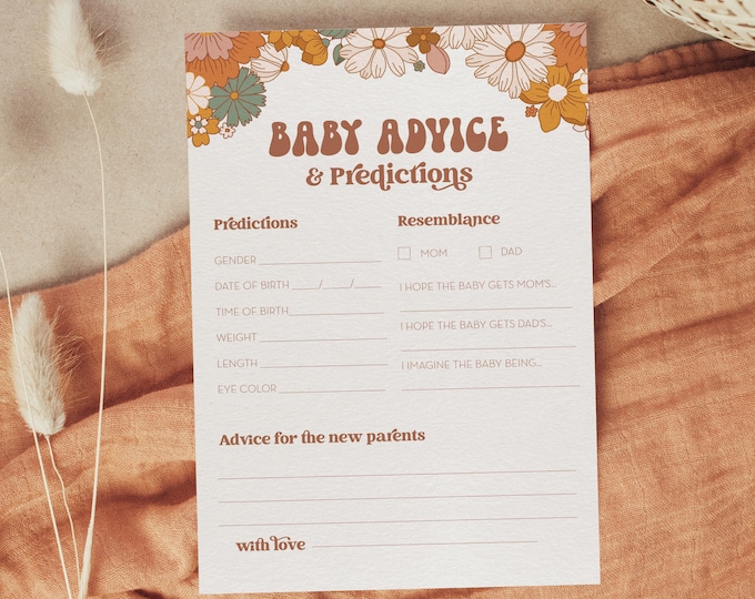 Baby Predictions & Advice Card, Printable Retro Groovy Baby Shower Game, Editable, DIY Baby Advice, Instant Download, Templett #050-322BASG