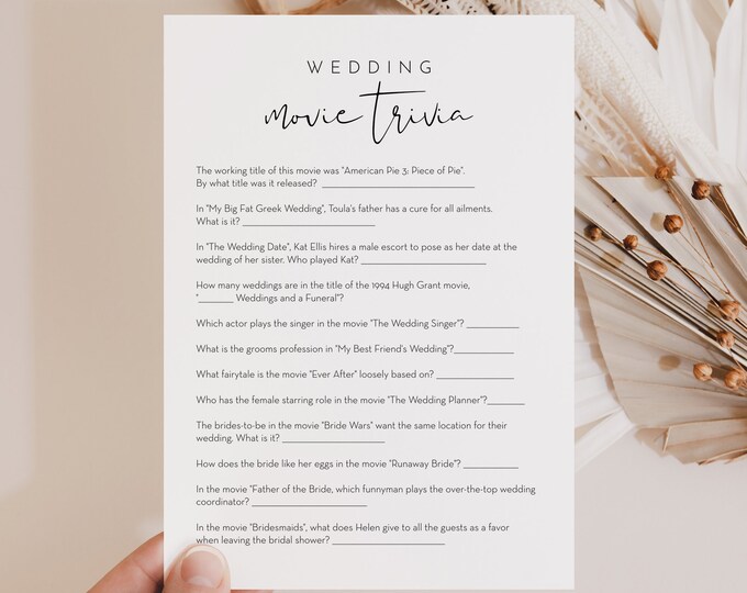 Wedding Movie Trivia Bridal Shower Game Template, Minimalist Bridal Shower Printable, Editable, Instant Download, Templett #0031-27BRG