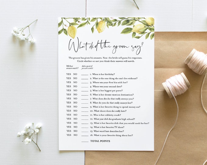 What Did the Groom Say, Lemon Bridal Shower Game, Printable Summer Citrus Bridal Game, Editable, Instant Download, Templett #089-203BG