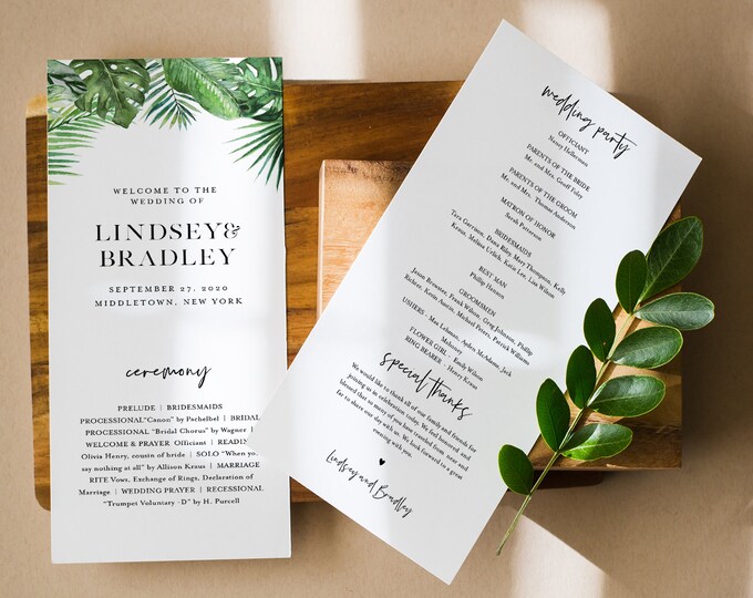 Tropical Wedding Program Template, Order of Service, Destination Beach Wedding, Instant Download, Editable, Printable, Templett #083-240WP