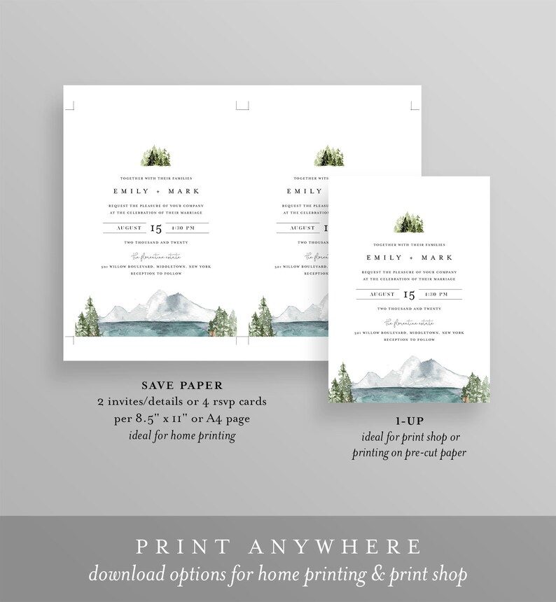 Lake Wedding Invitation Set, Lakeside, Mountain, Woodland Pine, Rustic Wedding, Editable Template, Instant Download, Templett 017A image 6