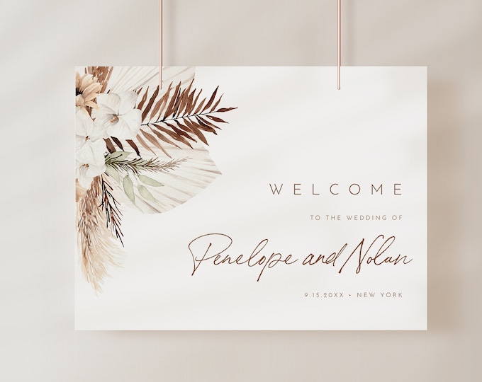 Bohemian Welcome Sign Template, Pampas, Palm, Bridal Shower, Wedding, Baby Shower Poster, Instant Download, Editable, Templett #0028A-272LS