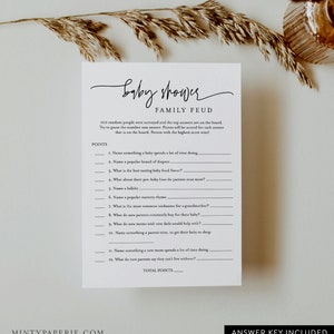 Puede incluir: Un juego de baby shower imprimible llamado "Family Feud" con 12 preguntas para que los invitados respondan. El juego está diseñado para jugarse en una fiesta de bienvenida al bebé.