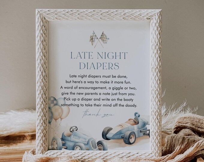Late Night Diapers Sign, Vintage Race Car Boy Baby Shower Game, Diaper Notes, Editable Template, Instant, Templett #0068-21BAG