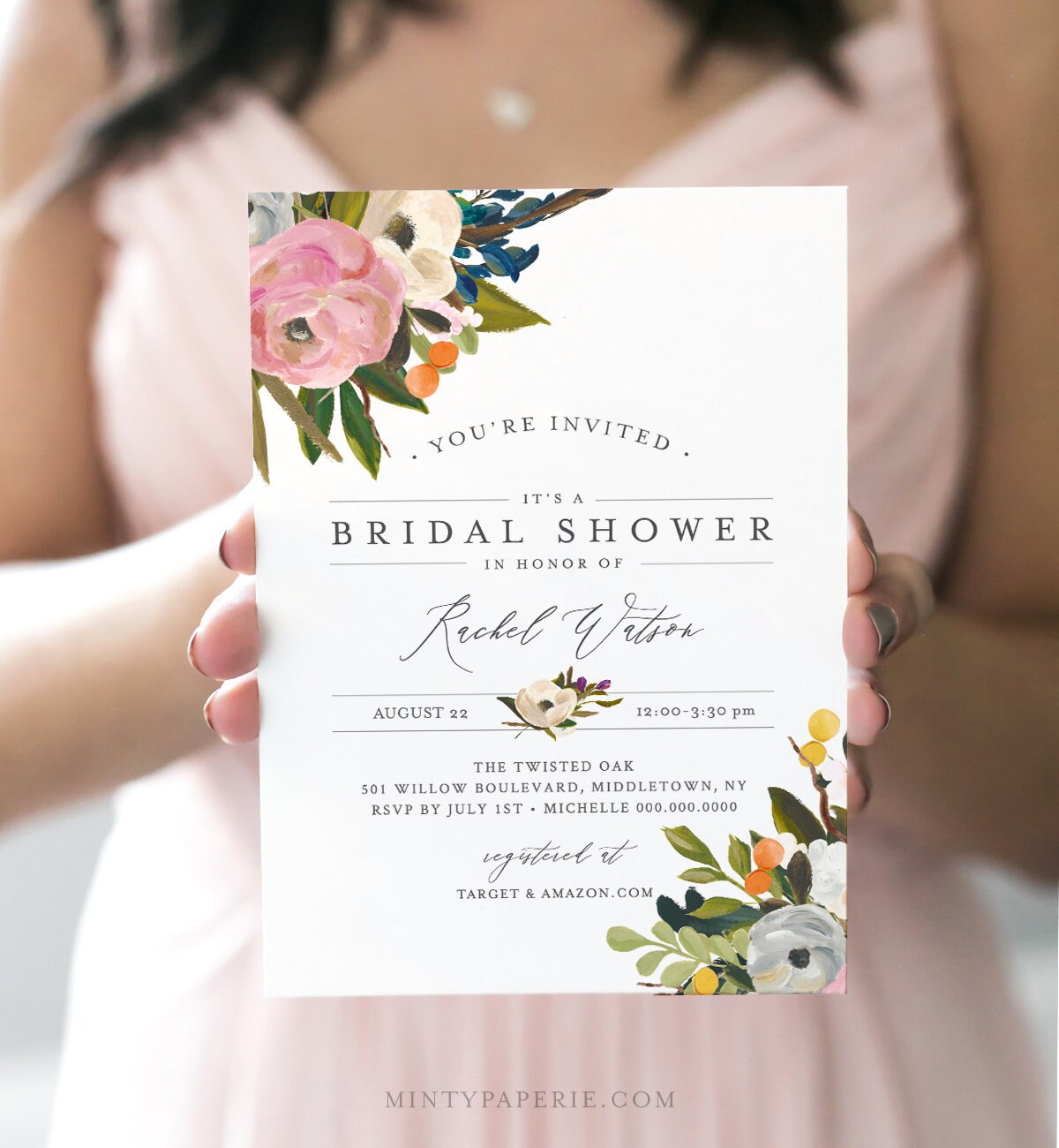 Floral Bridal Shower Invitation, INSTANT DOWNLOAD, Self-Editing