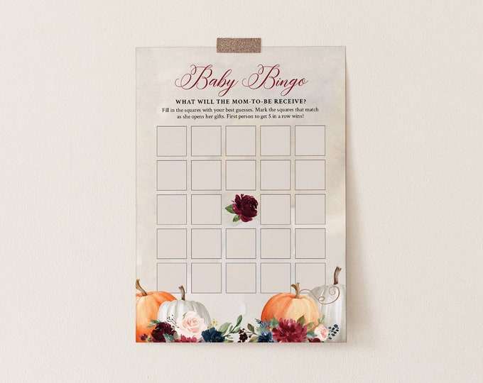 Baby Bingo Game, Instant Download, Printable Fall Pumpkin Baby Shower Game, Editable Template, Instant Download, Templett  #072A-203BASG