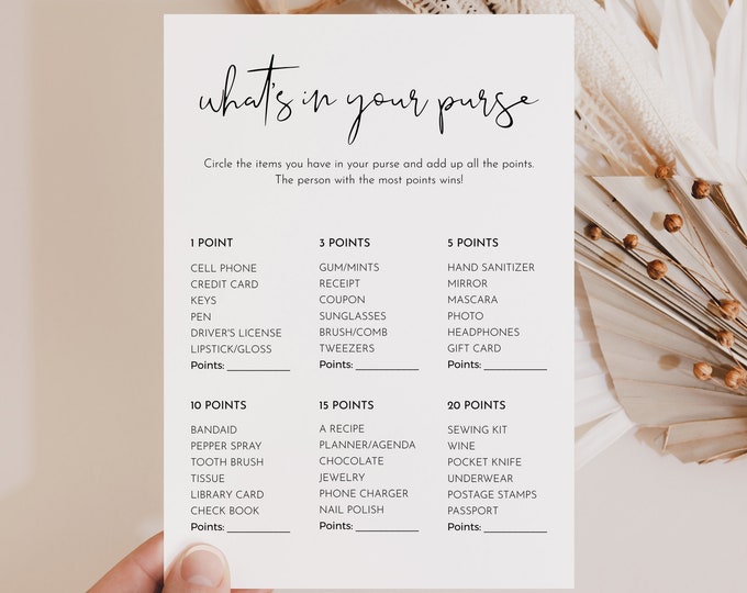 What's In Your Purse Bridal Shower, Minimalist Bridal Shower Game, Printable, Editable Template, Instant Download, Templett, 5x7 #0031-06BRG