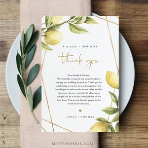 Carta de agradecimiento de limón, Nota de servilleta, Menú de boda de verano Gracias, En lugar de favores, Plantilla editable, DESCARGA INSTANTE, 4x6 #089-122TYN