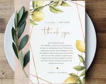 Lemon Thank You Letter, Napkin Note, Summer Wedding Menu Thank You, In Lieu of Favors, Editable Template, INSTANT DOWNLOAD, 4x6 #089-122TYN